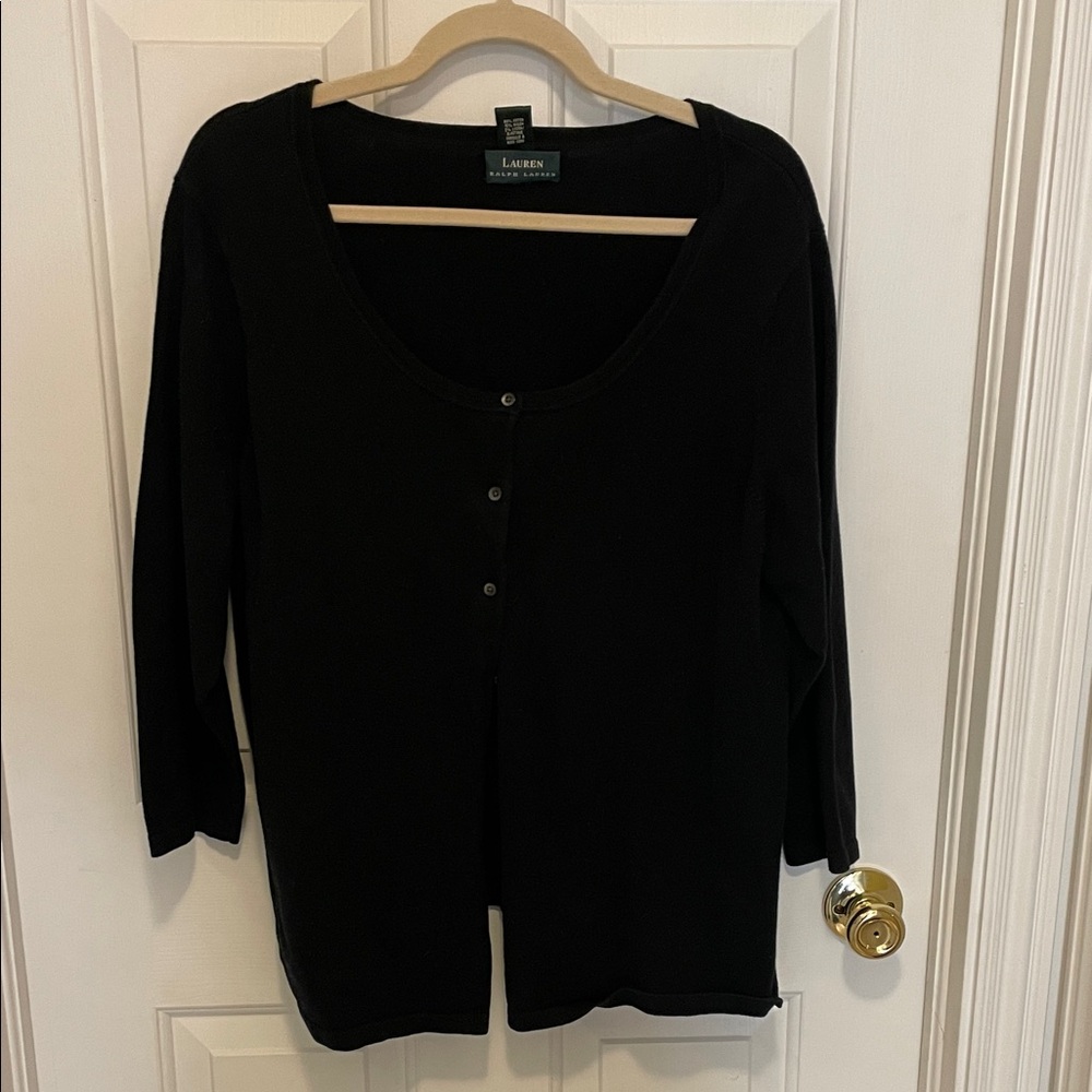 Ralph Lauren elegant black sweater. Scoop neck and petite 8 button front.
